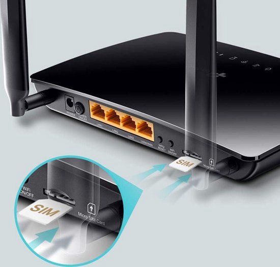 Achterkant van de zwarte TP-Link router met 4 LAN-poorten, SIM-kaartsleuf en resetknop.