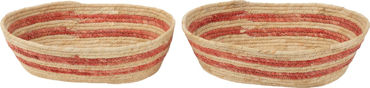 J-Line mand streepjes maïs - textiel - naturel/rood - set van 2