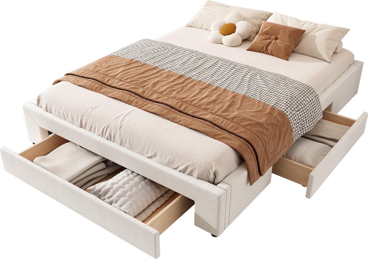 Merax Bed 160x200 cm met Opbergruimte - Bed Zonder Hoofdbord - 3 Schuifladen - Inclusief Lattenbodem - Beige