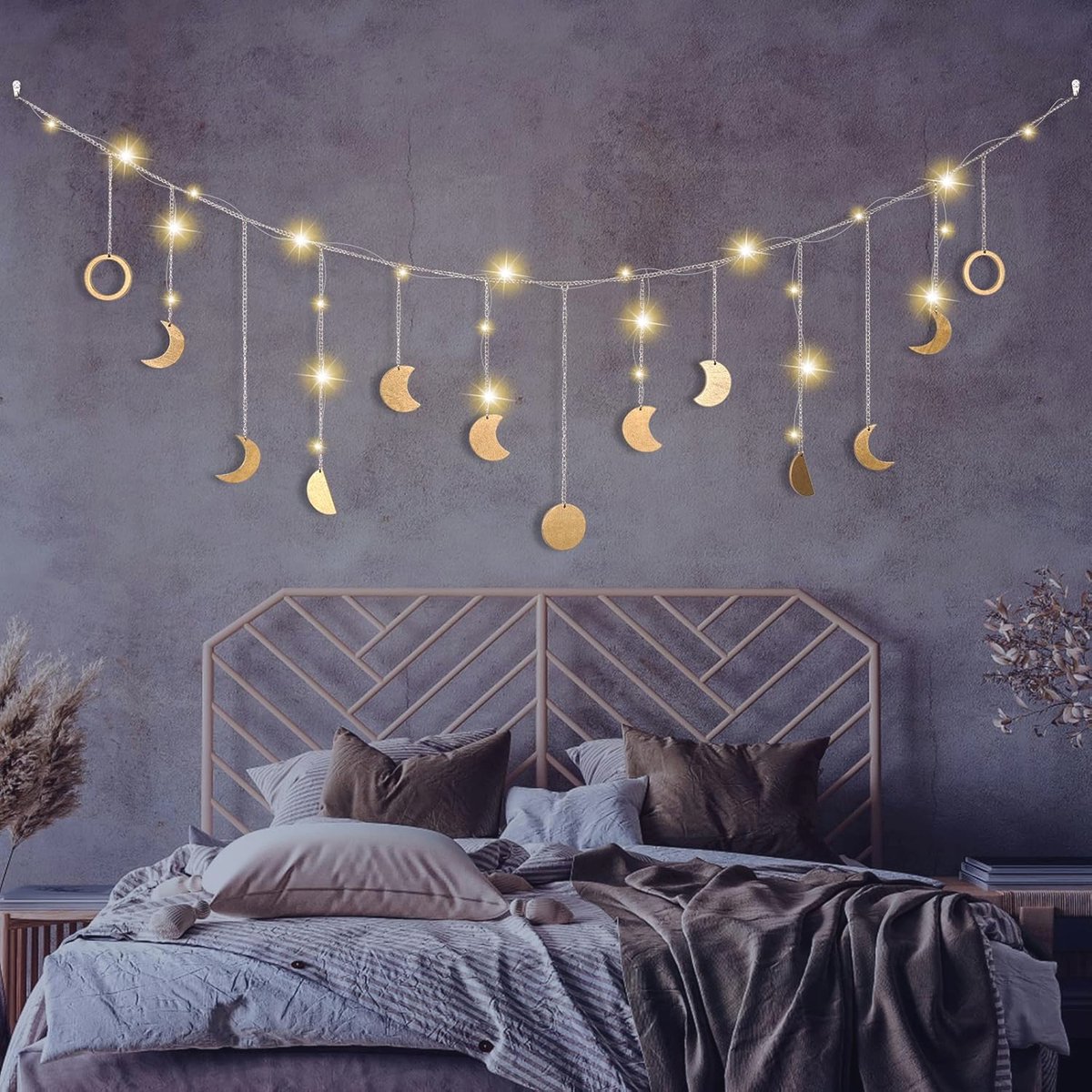Maanfaseslinger Decoratie - Esthetische Wanddecoratie met LED Licht voor Slaapkamer en Woonkamer - 144cm met 13 Manen
