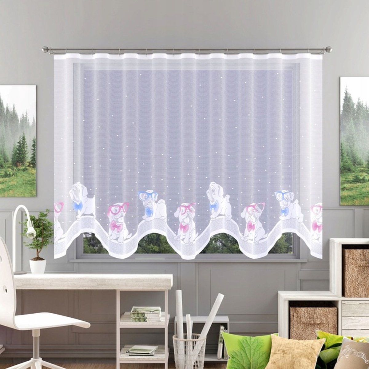 Wisan Hondjes jacquard vitrage Gordijn 190 x 150 cm Geschilderd jacquardgordijn voor kinderen 190 x 150 cm