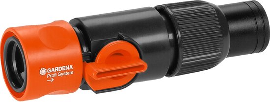 Zwarte en oranje Gardena Profi System regulierventiel.