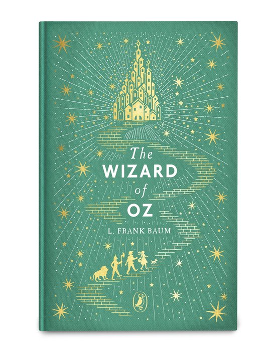 Groene omslag van "The Wizard of Oz" met gouden opdruk: de Emerald City, een kronkelende gele weg, sterren en de personages.