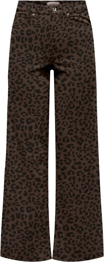Bruine jeans met luipaardprint en wijde pijpen, voorkant zichtbaar.