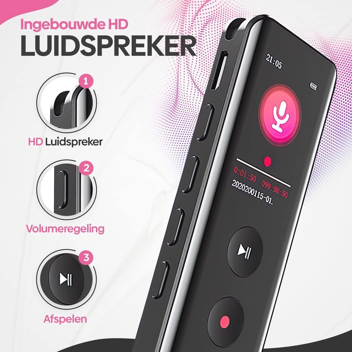 Digitale Voice Recorder Bluetooth Ruisonderdrukking 16GB - afbeelding 3