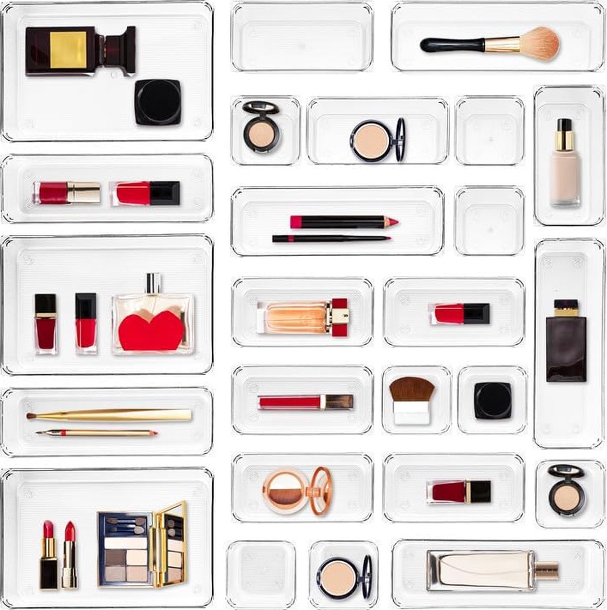 Goedkoopste 25-delig lade-organisersysteem met 4 maten, opbergdozen van helder acryl met antislipmatten, veelzijdige bureaulade voor make-up, sieraden, keuken, badkamer en kantoororganisatie