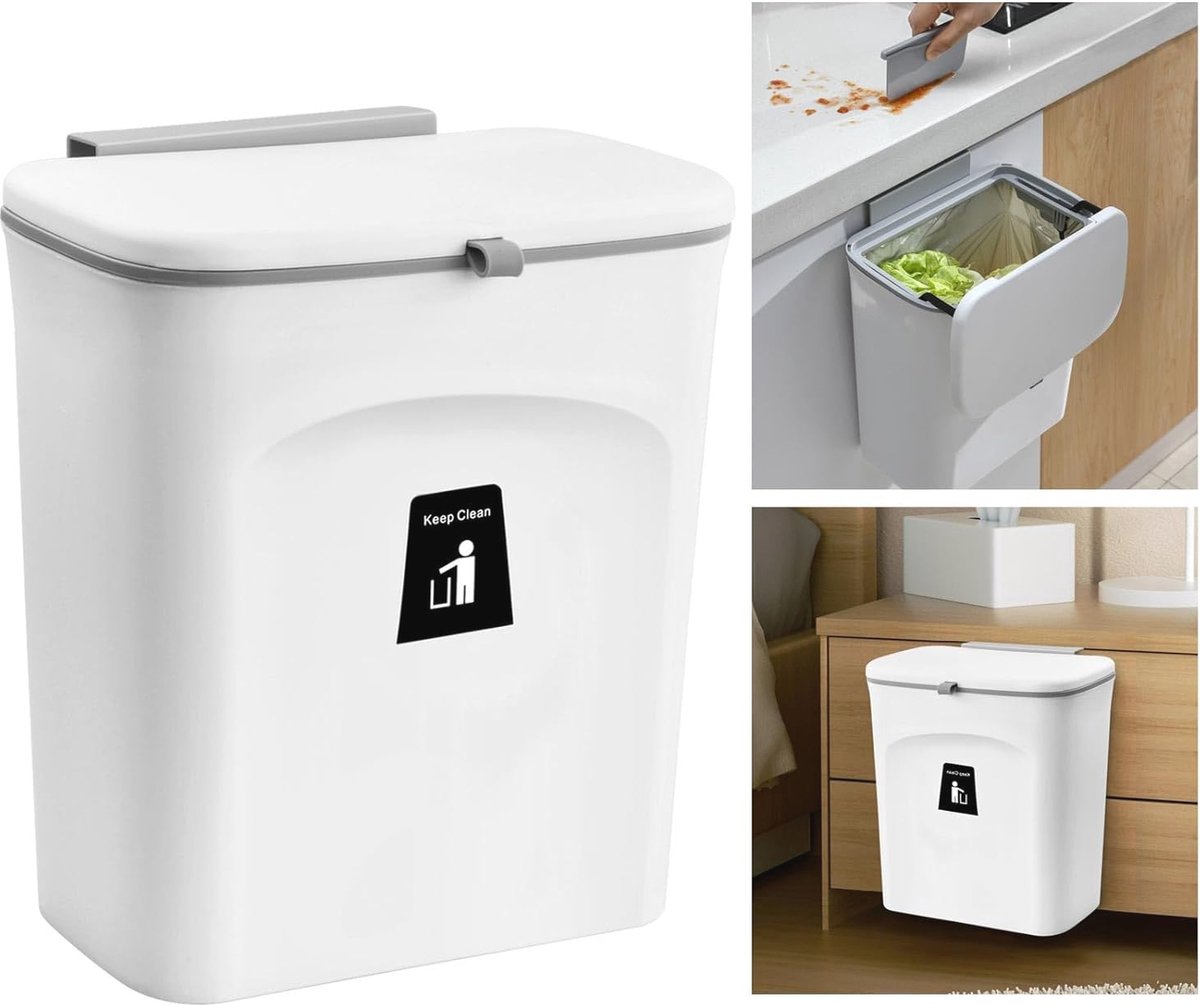 Goedkoopste Hangende Vuilnisemmer met Deksel voor Keuken, Badkamer en Kantoor - 9 Liter Compostemmer