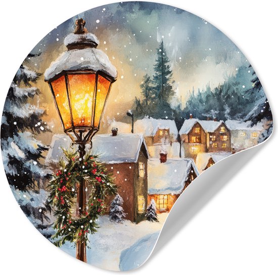 WallCircle® - Behangcirkel 50x50 cm - Muurstickers Kerstdorp - Huizen - Sneeuw - Kerst - Muurcirkel woonkamer - Wandcirkel - Kamer decoratie zelfklevend - Muurdecoratie - Kerstdecoratie voor binnen - Kerstversiering - Kerstmis versiering