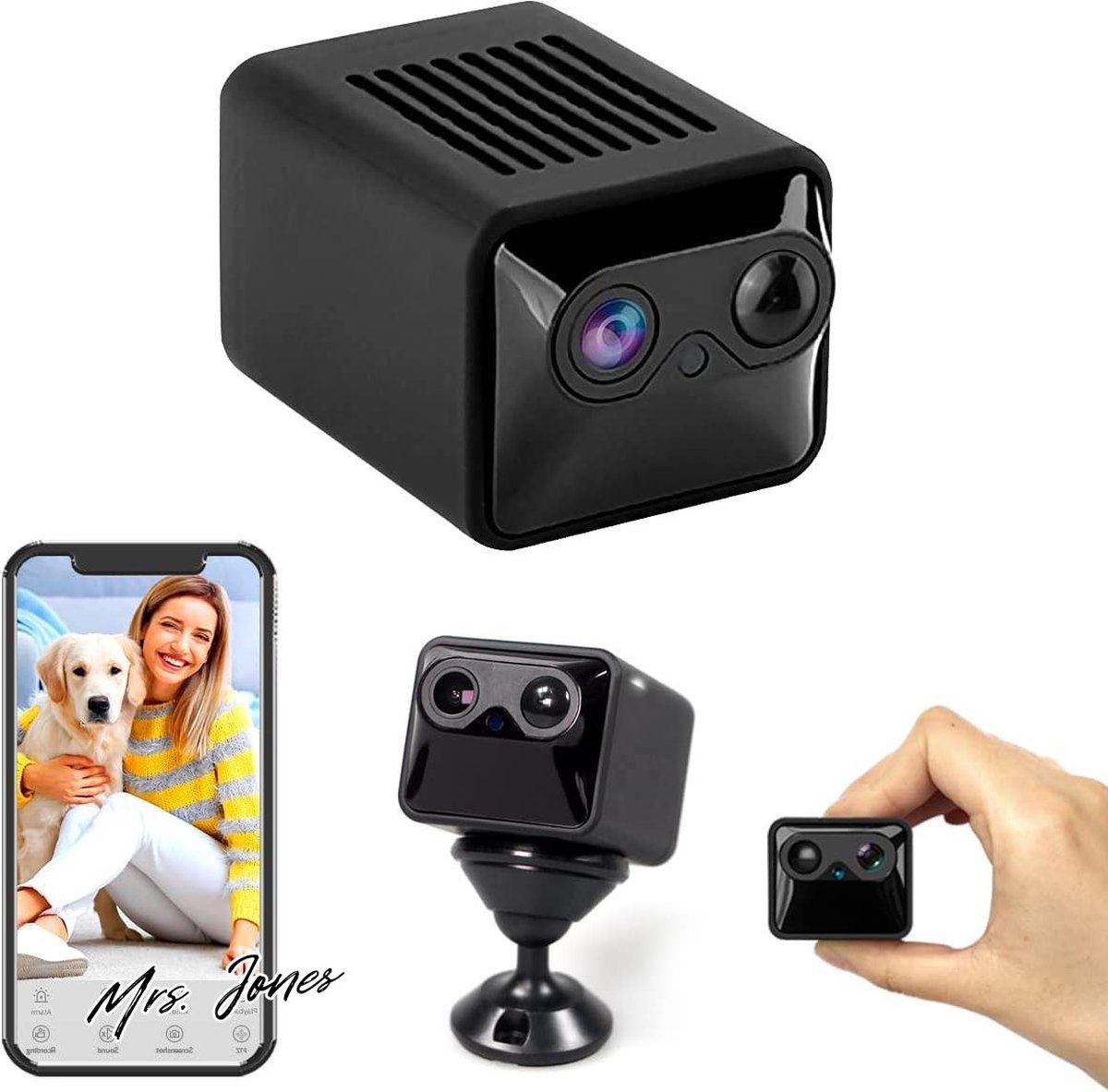 Mrs. Jones Draagbare bewakingscamera's - Binnenbewakingscamera - Breedhoek - Kleine Bewakingscamera voor Binnen en Buiten - Baby Huisdiermonitor - Bewegingssensor - Nachtzicht - PIR - HD 1080P - Mini Camera WIFI .