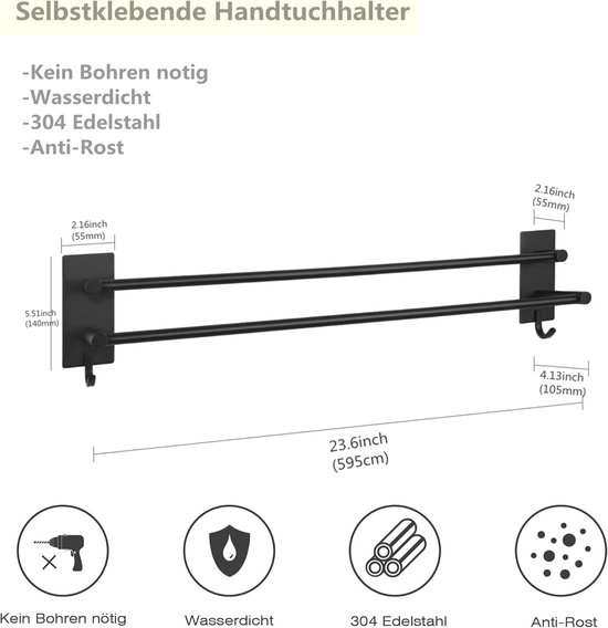 Dubbele Handdoekhouder voor aan de Muur - Zwart, 60 cm, zonder Boren, roestvrij staal, zelfklevend voor Badkamer en Keuken van Kegii — afbeelding 4