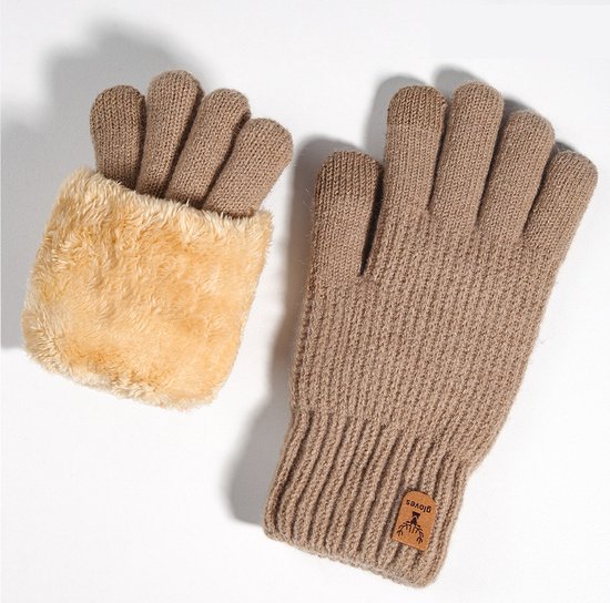 Winterhandschoenen met touchscreen voor dames - Warme gebreide handschoenen met fleecevoering - Winterhandschoenen met elastische manchetten - Winterhandschoenen met dubbele laag pluche verdikte handschoenen voor buitenfietsen - Khaki - 22*9cm