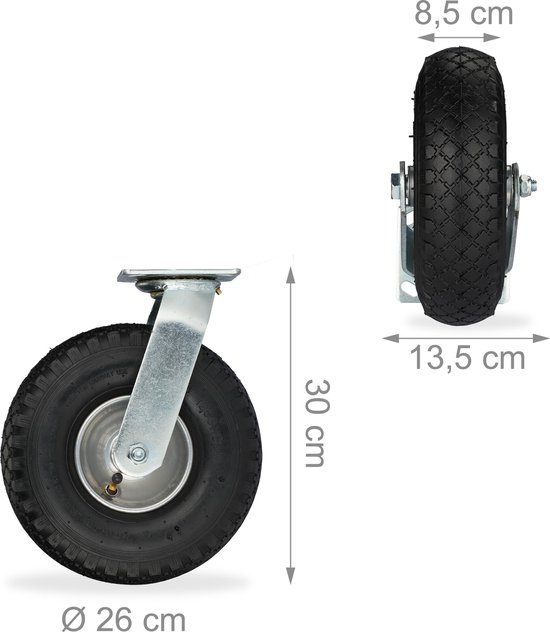 Zwart luchtband zwenkwiel met zilverkleurige metalen steun, met afmetingen 26 cm diameter, 30 cm hoogte en 8,5 cm breedte.