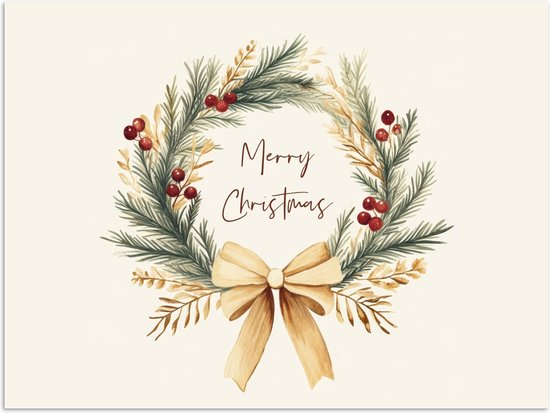 Poster 120x90 cm - Kerstkrans - Kerst - Goud - Beige - Posters - Kamer decoratie - Wanddecoratie woonkamer - Kerstdecoratie voor binnen - Kerstversiering - Kerstmis versiering in huis - Kerstaccessoires