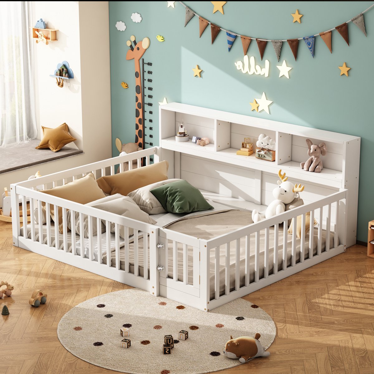 Sweiko Kinderbed, 140*200 cm, met opbergvakken en lattenbodem, grenen rails, zonder matras, wit