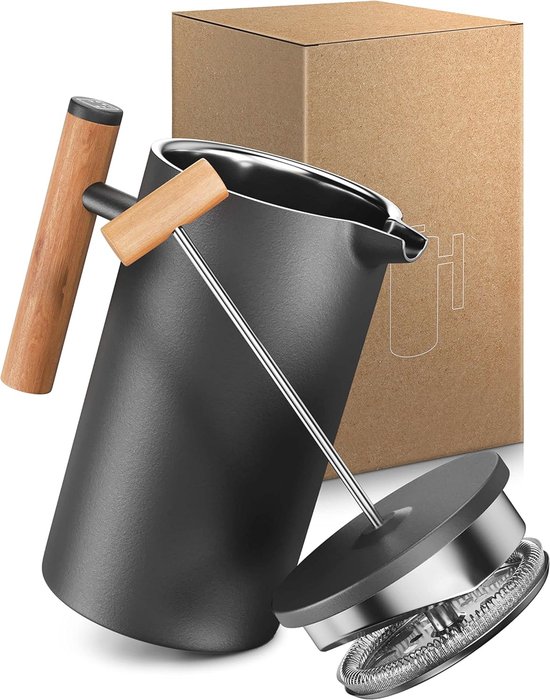TBGENIUS Cafetiere 2-4 kopjes, Franse pers 600 ml koffiezetapparaat, 4 niveaus filtratiesysteem, metalen behuizing, perfect voor koffieliefhebbers geschenken ochtendkoffie - brouwt melkschuim en thee