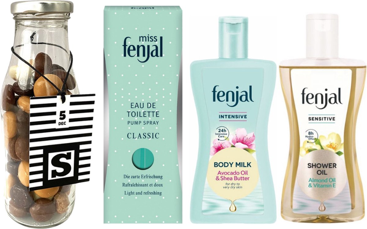 Goedkoopste Fenjal Cadeauset Sinterklaas - Fenjal Eau De Toilette Classic Pump Spray - Fenjal Shower Oil Sensitive - Fenjal Body Milk Intensive - Liv 'n Taste Chocolade Kruidnoten Sint Fles