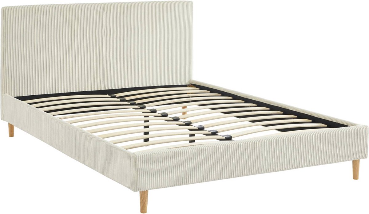 sweeek Bed met lattenbodem en hoofdeinde, b 202 x d 148 x h 88cm, corduroy afwerking Wit