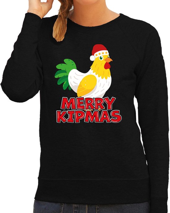 Bellatio Decorations Kersttrui voor dames - Merry Kipmas - zwart - kerst kip - schattige kerst L