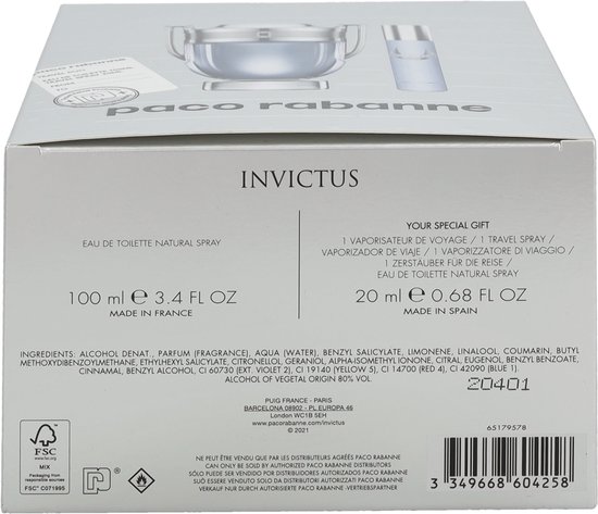 Paco Rabanne Invictus Giftset - 100 ml eau de toilette spray + 20 ml eau de toilette spray - cadeauset voor heren