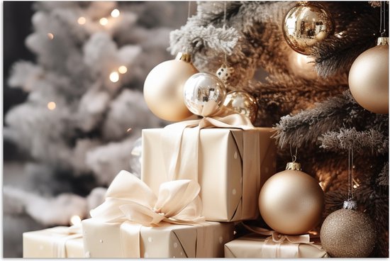 Poster 120x80 cm - Kerstboom - Cadeaus - Kerst - Kerstballen - Goud - Posters - Kamer decoratie - Wanddecoratie woonkamer - Muurdecoratie slaapkamer - Kerstversiering - Kerstdecoratie voor binnen - Kerstmis