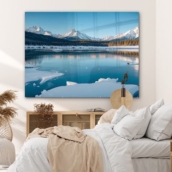 MuchoWow® Peinture sur verre 160x120 cm - Peinture sur verre acrylique - Paysage - Hiver - Lac - Montagnes - Vue - Glace - Photo sur verre - Décoration murale salon - Décoration murale chambre - Peintures
