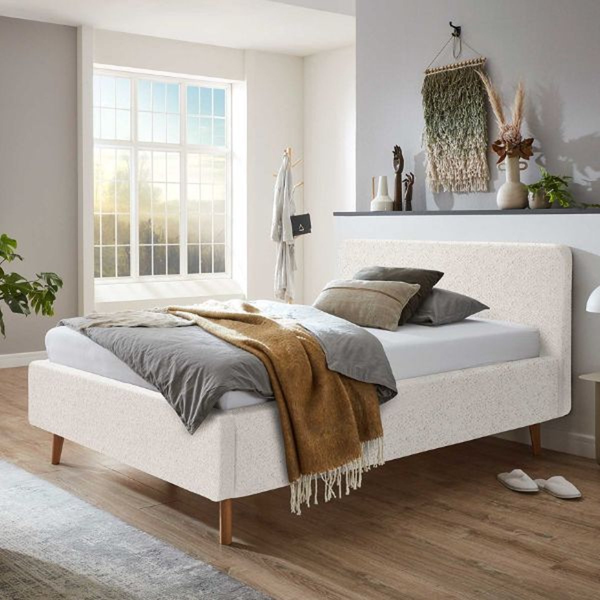 Bed Dalila 140x200cm Teddystof Met Opbergruimte - Wit - Meise - Tweepersoons Gestoffeerd Bed - Wit - Polyester Tweepersoons Normaal Bed