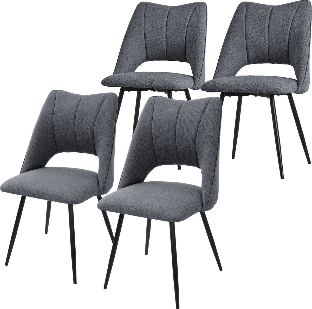 ml-design eetkamerstoelen set van 4, grijs, polyester zitting met zwarte metalen poten, keukenstoelen met rugleuning, woonkamerstoelen, gestoffeerde stoelen voor eetkamer keuken kantoor, armstoelen