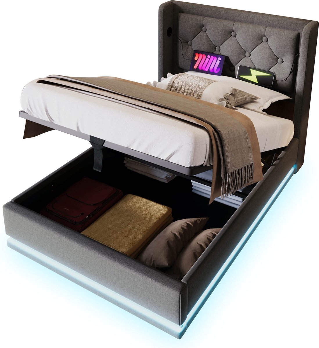 Merax Gestoffeerd Eenpersoonsbed 90x200 met Hydraulisch Opbergruimte – Bed met USB-C en LED Verlichting – Grijs