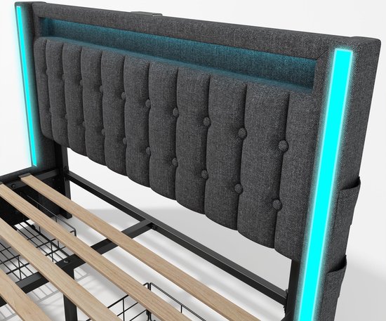 BRILVERDE Gestoffeerd bed 140x200 cm met opbergruimte, tweepersoonsbed met LED en USB, jeugdbed met 4 laden, bedframe met hoofdeinde en lattenbodem, linnen (beige, 140 x 200 cm