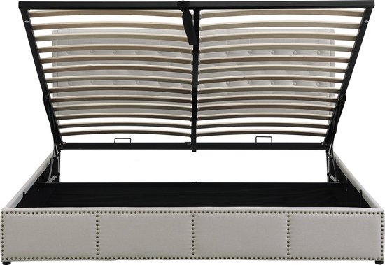 Lit Rembourré Merax 160x200 cm - avec Rangement Hydraulique - Décoration Agrafes - Grijs - sans Matras