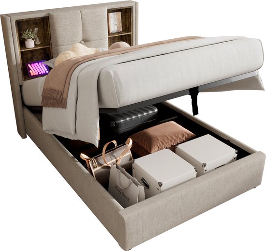 Zravenna gestoffeerd bed met opbergruimte 90x200 cm met opbergruimte en lattenbodem (zonder matras), gestoffeerd bed, eenpersoonsbed met hoofdeinde, bedframe, linnen (natuurlijk, 90x200cm