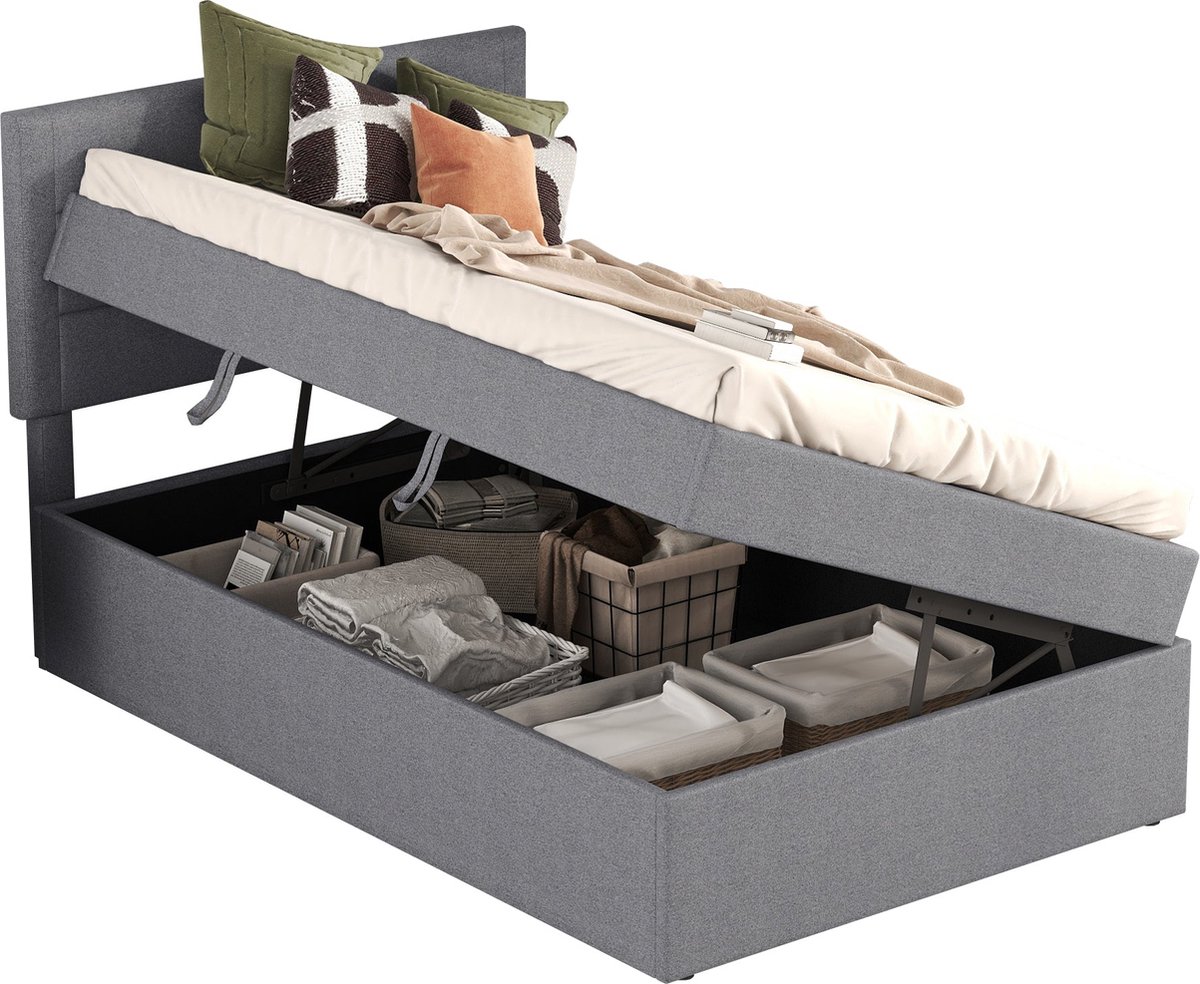 Merax Bed met Hydraulische Opbergruimte 90x200 cm - Eenpersoonsbed met Lattenbodem en Grijze Linnen Bekleding