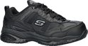 Zwarte Skechers werkschoen, zijaanzicht met veters en S-logo. 'Relaxed Fit' en 'Memory Foam' op de tong.