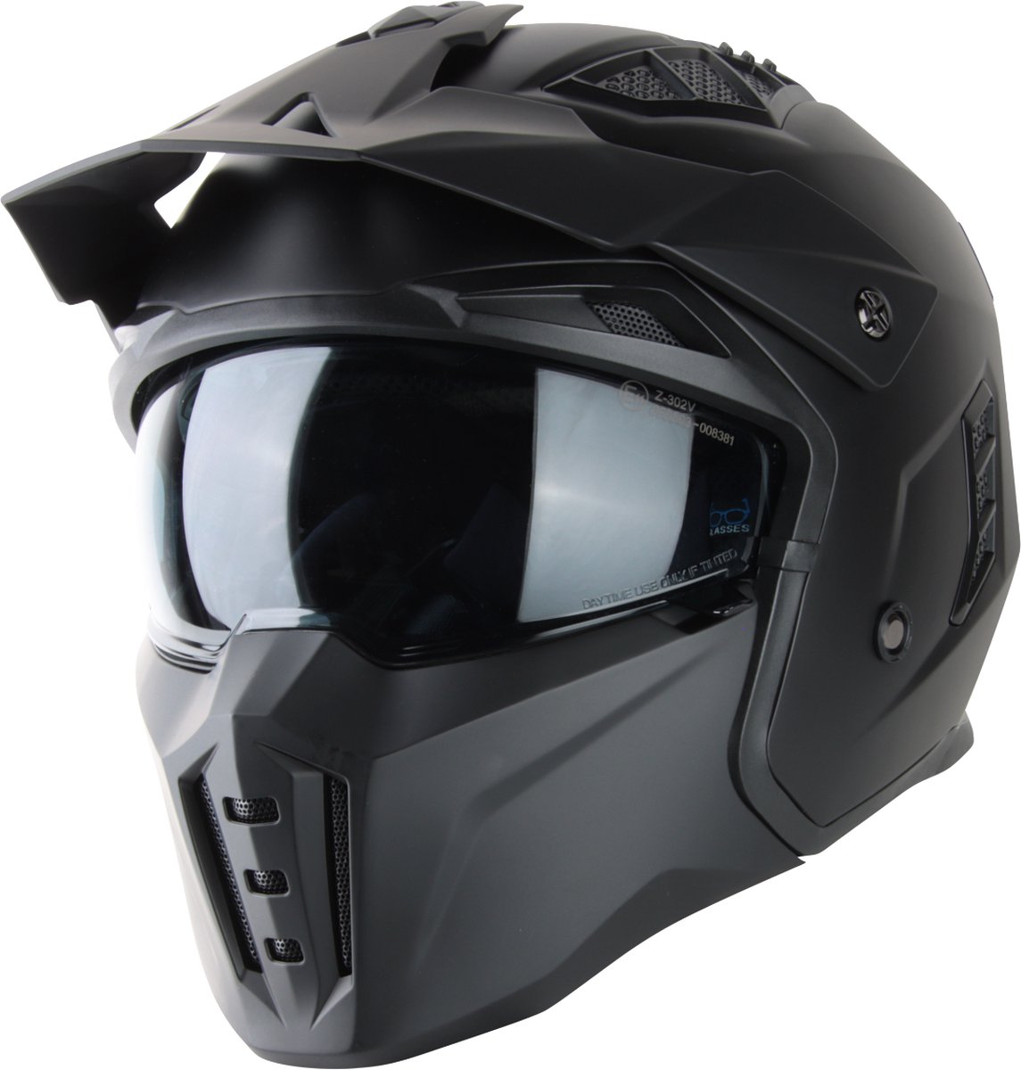 VINZ Kioto Street Fighter Helm met Zonnevizier | Jethelm met mondstuk | Scooterhelm & Motorhelm & Brommerhelm | ECE 22.06 goedgekeurd | Lichtgewicht 1450 gram | Inclusief Opbergzak | Mat Zwart - XS