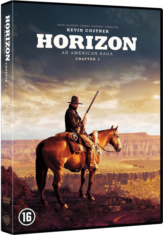 DVD-hoes van Horizon: An American Saga - Chapter 1 met een cowboy te paard met geweer, in een woestijnlandschap.