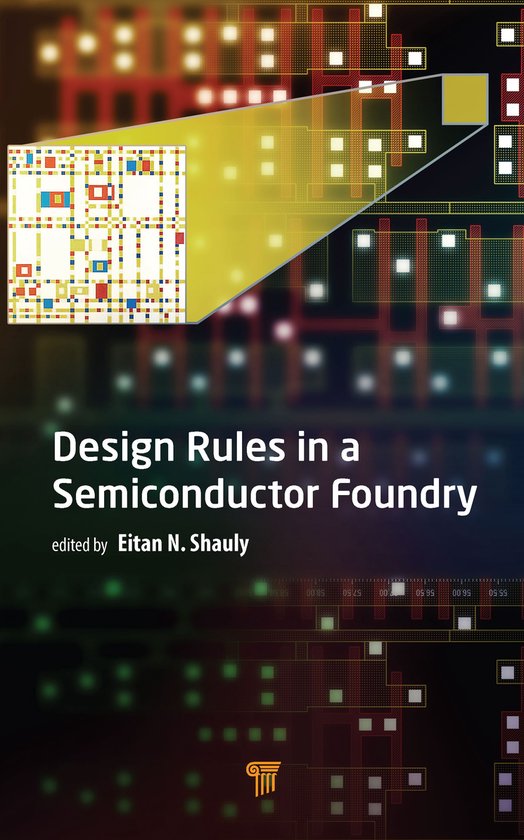 Couverture de livre avec 'Design Rules in a Semiconductor Foundry' en lettres blanches. L'arrière-plan montre un gros plan d'une micro-puce.