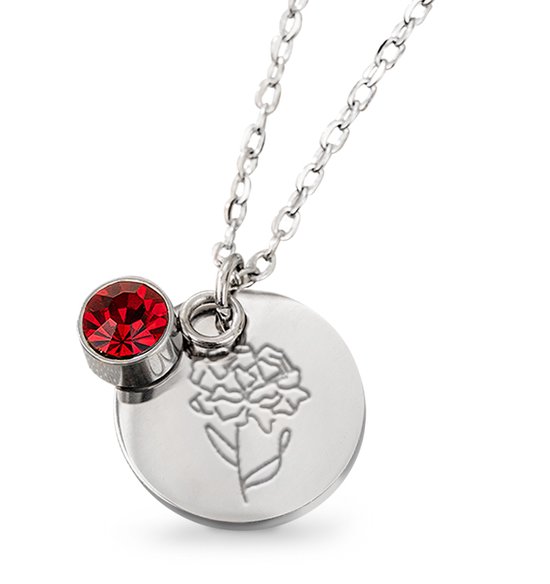 KAYA Sieraden | Geboortesteen- en Bloem Ketting Januari | Stainless Steel- Zilver