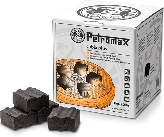 Verpakking met Petromax cabix plus briketten, 3kg. Zwarte briketten met golvende bovenkant, voor vuurpot en barbecue.
