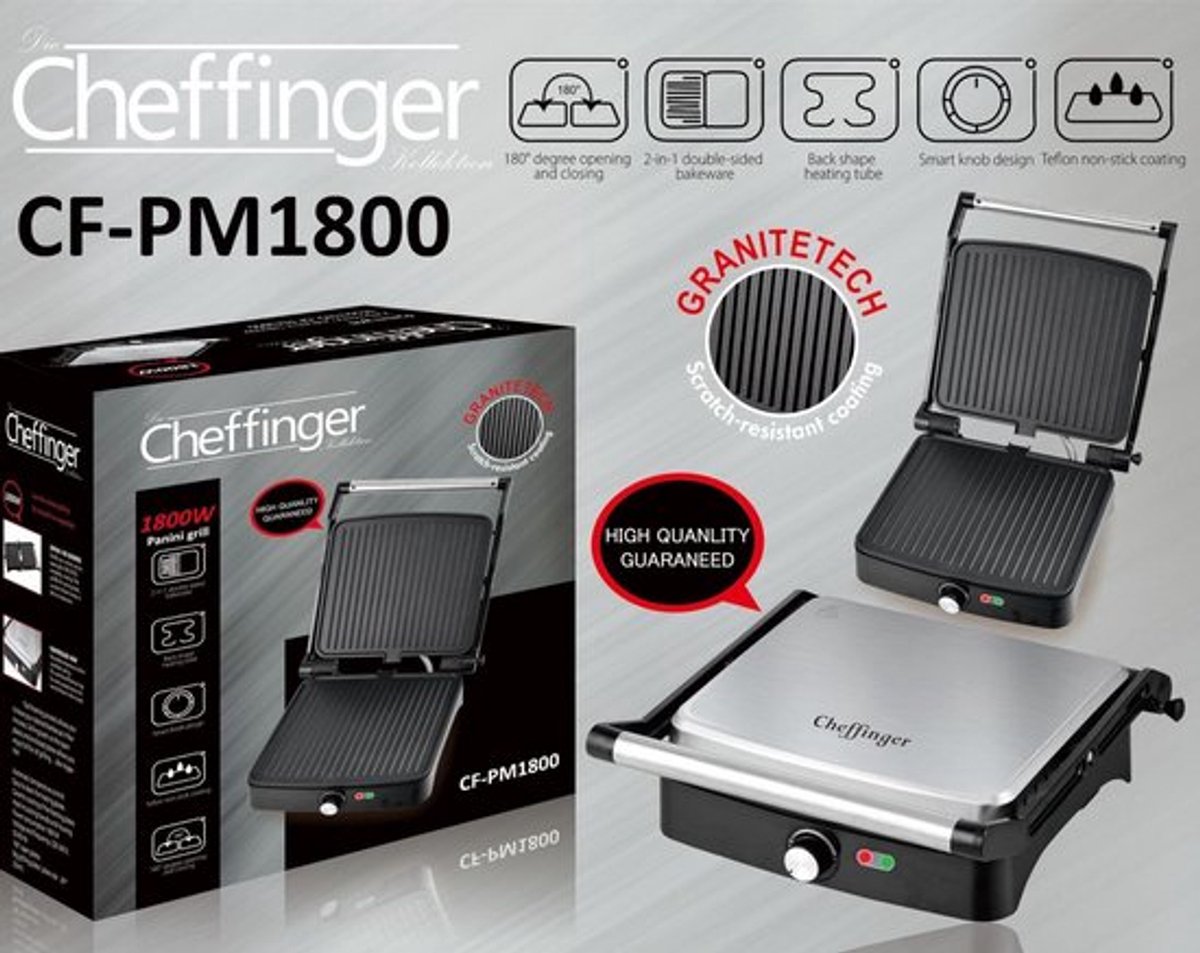 Cheffinger Panini Grill / Contactgrill- Zwart/Zilver