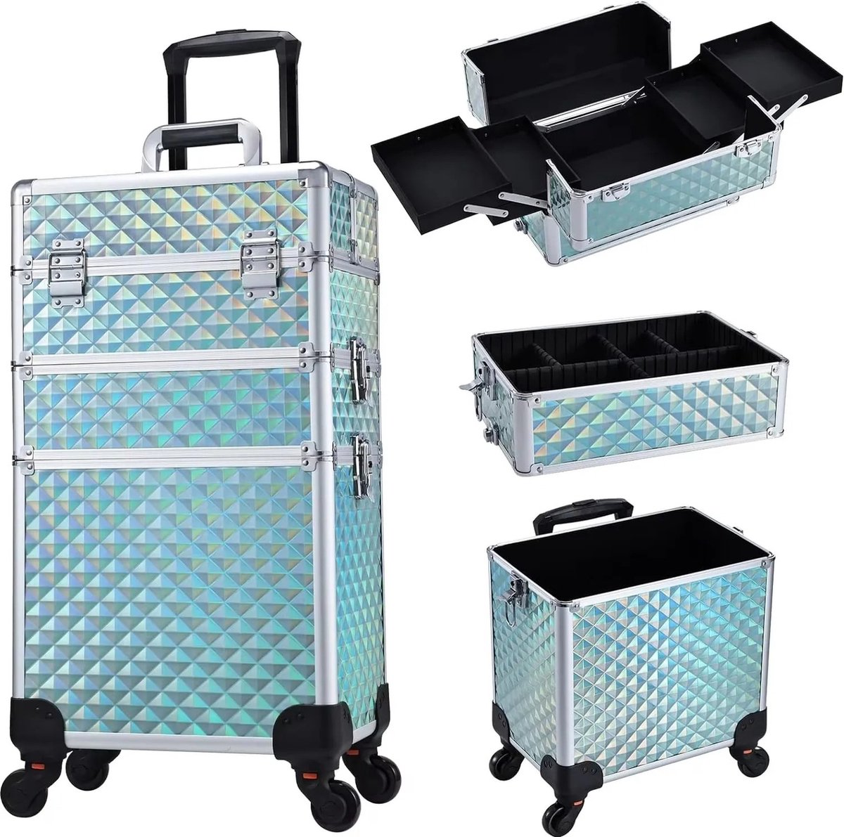 Goedkoopste Visagiekoffer - Make up Koffer - Make-up Trolley - Kappers Koffer - Beautycase - Cosmetica Koffer - Met Wielen - Blauw