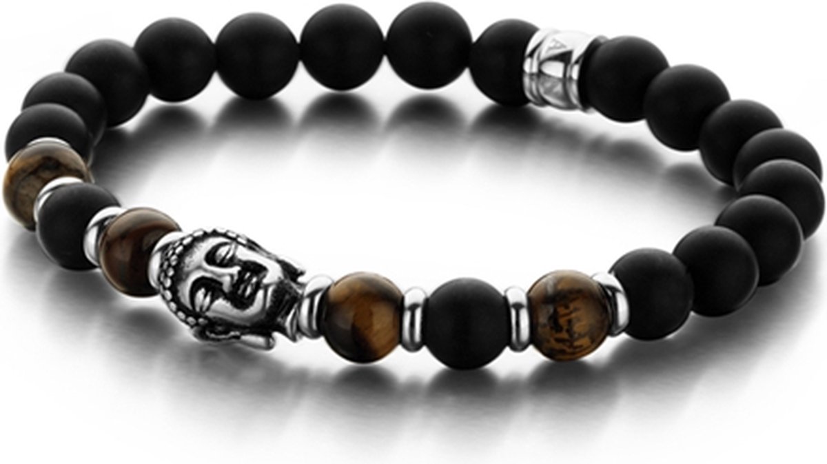 Frank 1967 7FB-0150 - Heren natuurstenen armband - 8 mm Agaat en Tijgeroog met stalen Boeddha - one-size - zwart - bruin