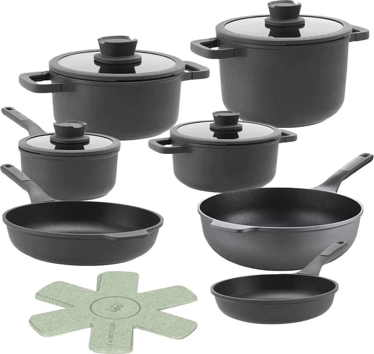 BergHOFF Pannenset Leo Stone+ - 11 Delig - Downdraft pannen nu met set panbeschermers