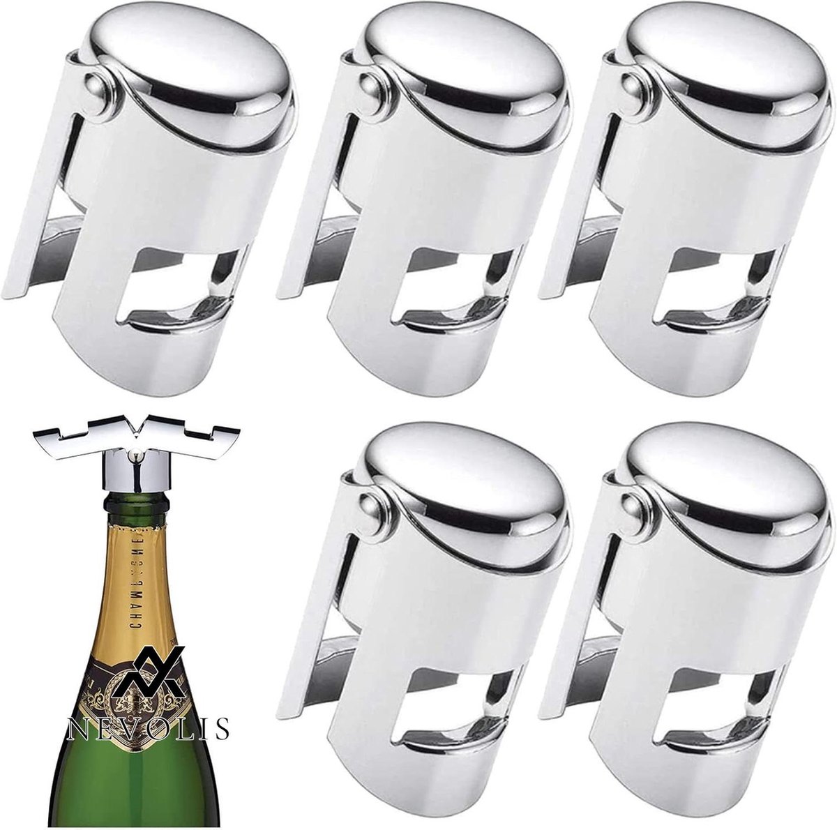 Nevolis Stainless Steel Champagne Sealer Stopper Set - Reusable Stopper for Bottles Champagne - Sparkling Wine Stopper for Wine Collection Red .