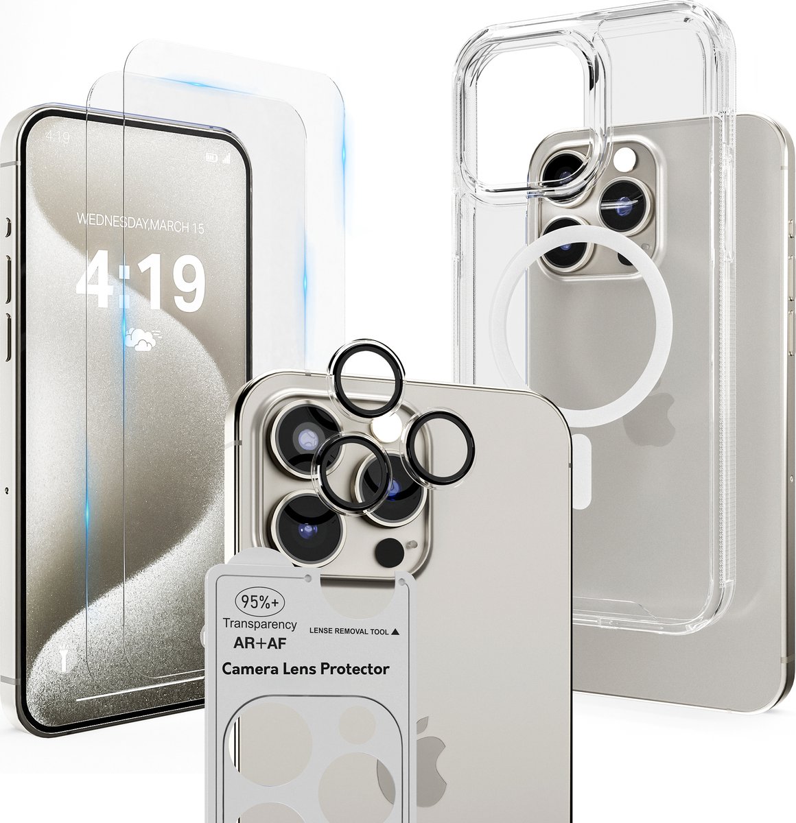 Hoesje Geschikt voor iPhone 15 Pro Max Transparant - 2x Screenprotector - Geschikt voor MagSafe - Camera Lens Protector - Anti Shock