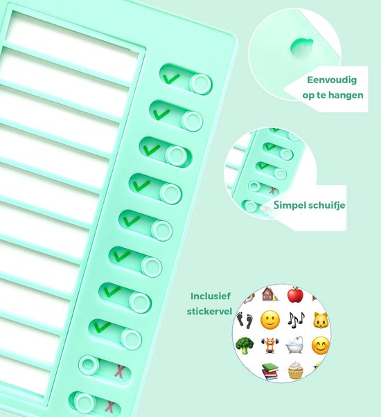 Close-up van een groen planbord met schuifjes en stickers: 'Eenvoudig op te hangen' en 'Simpel schuifje'.