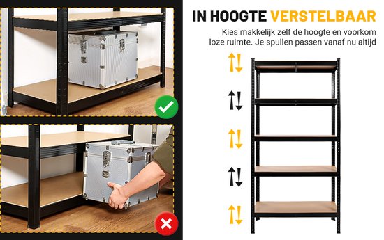Afbeeldingen die de in hoogte verstelbare planken van de stellingkast tonen.