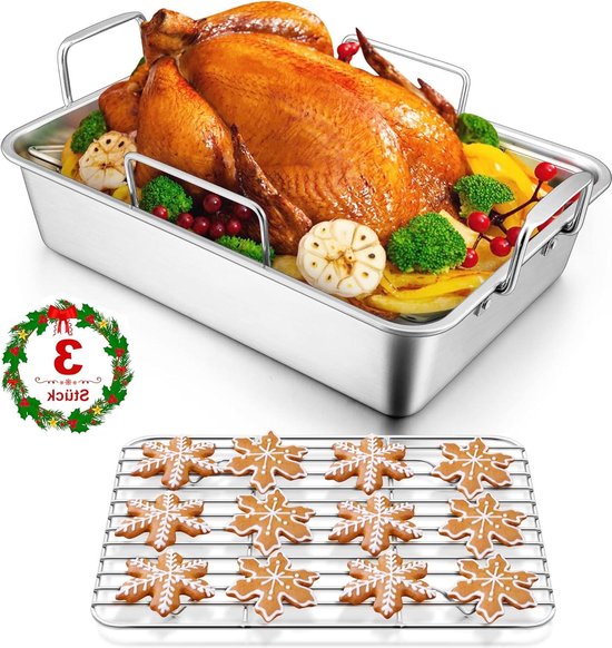 HaWare braadpan met rooster, roestvrij stalen ovenschaal met V-vormig rooster en afkoelrooster, 3-delige set, 35,8 x 26,7 x 9 cm, diepe ovenvorm voor kalkoenen, groenten, lasagne, zware belasting en HaWare braadpan met rooster, roestvrij stalen ovenschaal met V-vormig rooster en afkoelrooster, 3-delige set, 35,8 x 26,7 x 9 cm, diepe ovenvorm voor kalkoenen, groenten, lasagne, zware belasting en