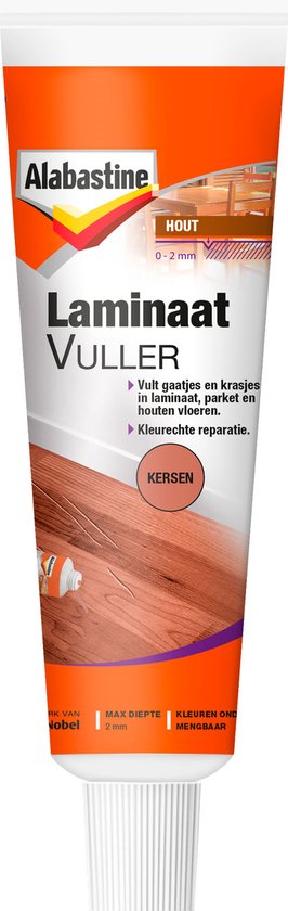 Tube Alabastine Laminaatvuller in kersenkleur. Tekst: Alabastine, HOUT, Laminaat VULLER, KERSEN, Max diepte 2 mm.
