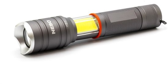 Grijze Nebo zaklamp met rode ring en een opvallende COB-lichtstrip.