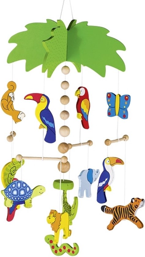 Houten mobiel met palmblad, leeuw, tijger, aap, tukan, papegaai, schildpad, olifant, slang en vlinder.